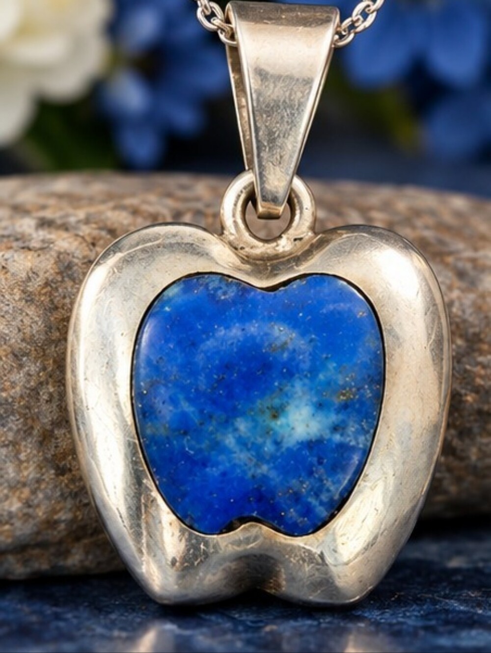 Vintage 900 Silver Lapis Lazuli Apple Pendant Natural Stone Artisan
